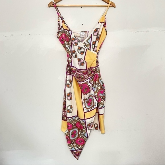 💫 VENUS | Asymmetrical Color Block Cinched Draped  Faux Wrap Mini Dress - Picture 3 of 7